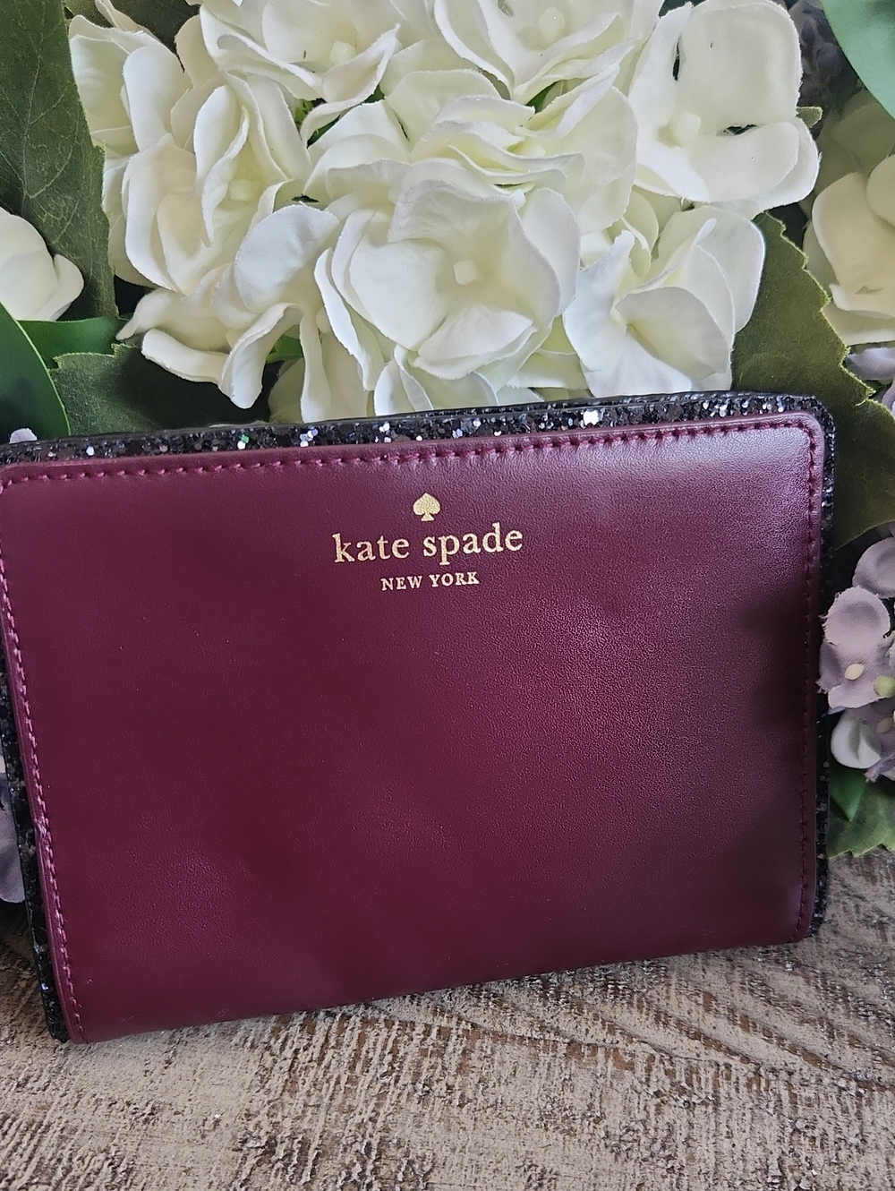 kate spade plum leather Compact wallet with gold logo